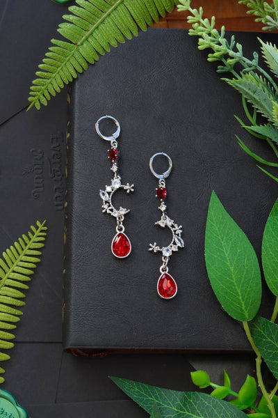 Silver red drop moon earrings