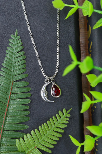 Moon red drop charm necklace