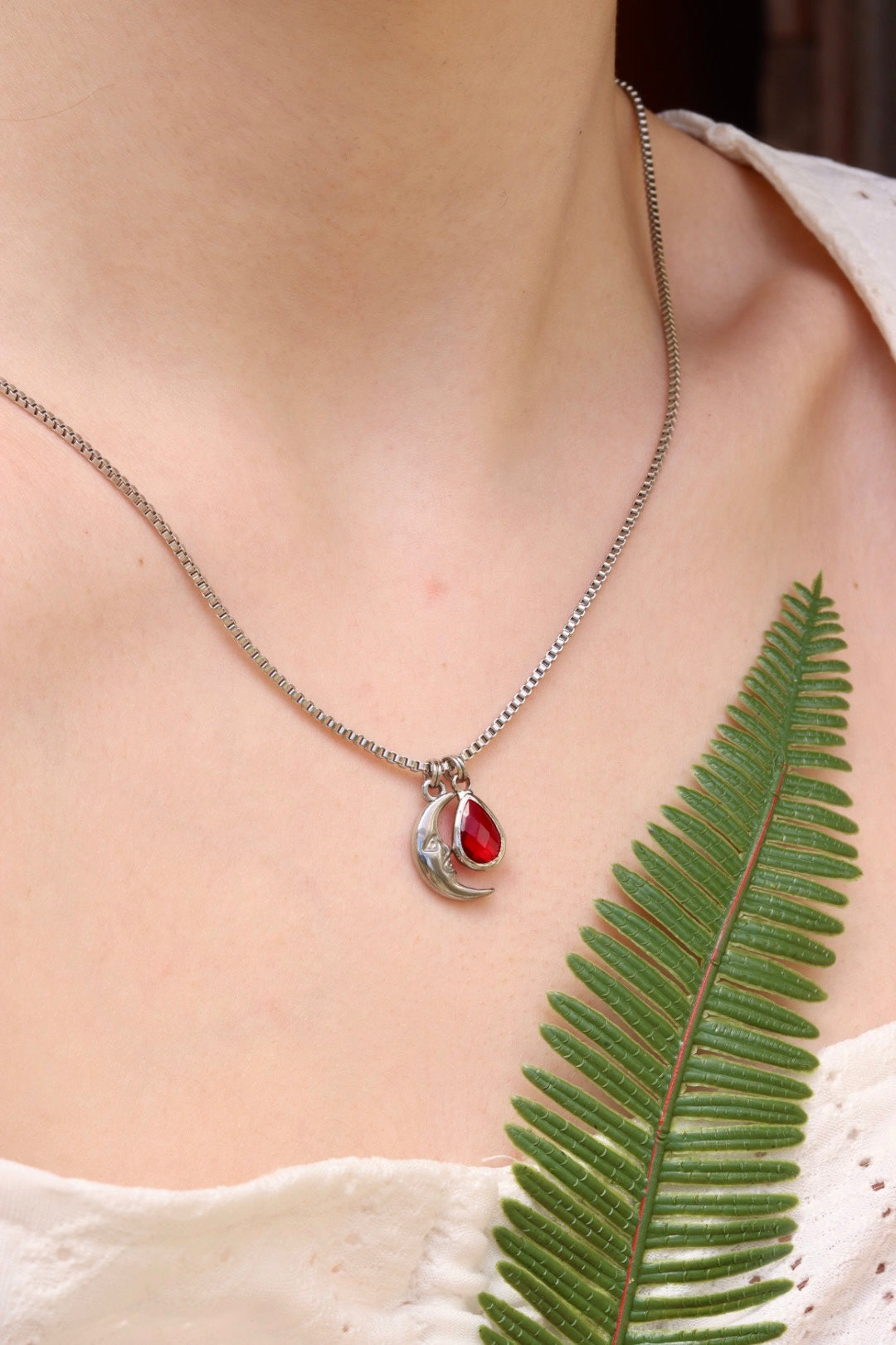 Moon red drop charm necklace