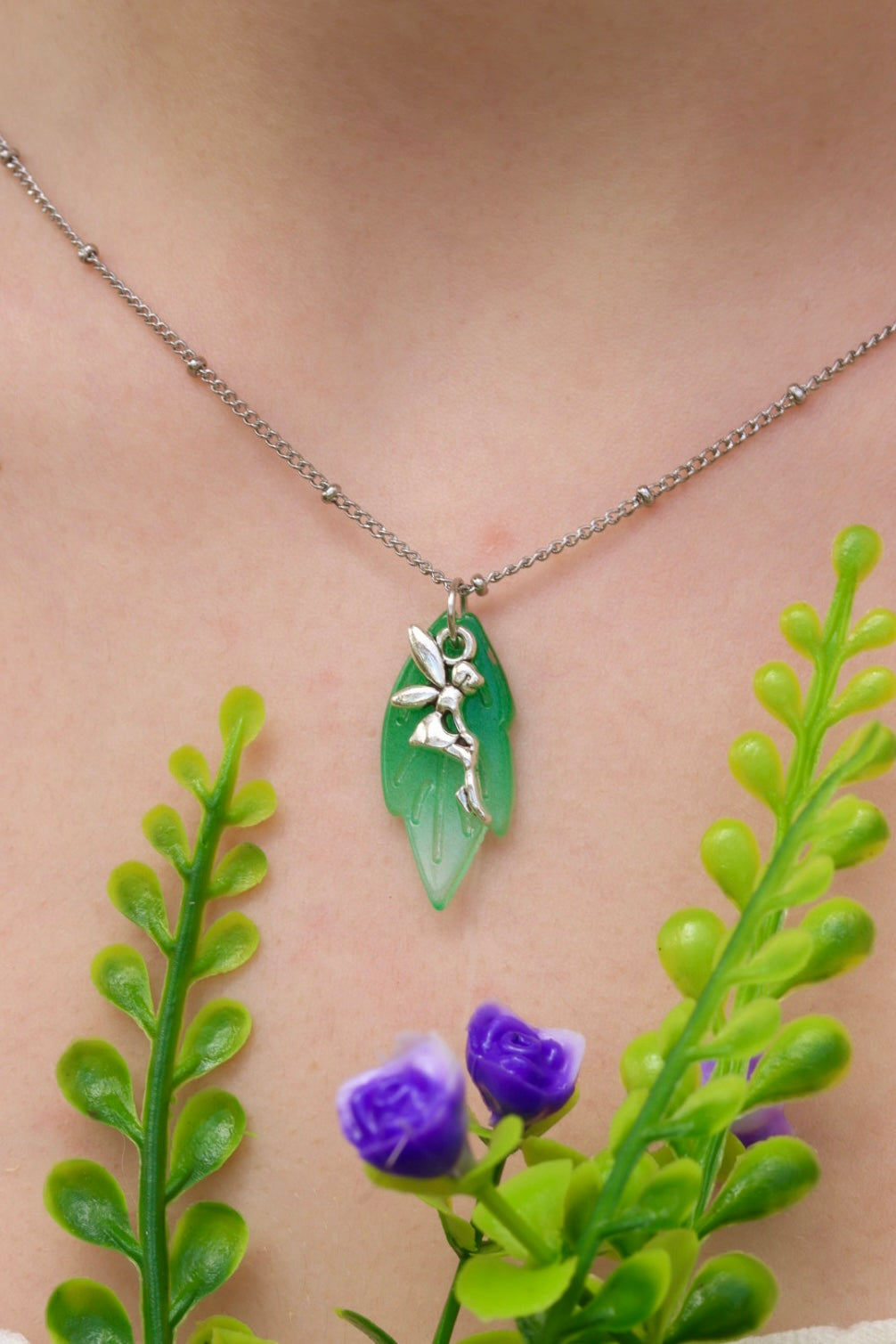 Silver fairy leaf necklace