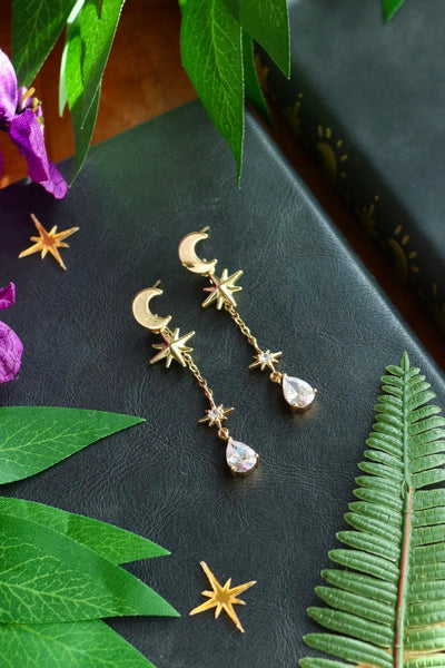 Celestial moon and stars drop earrings