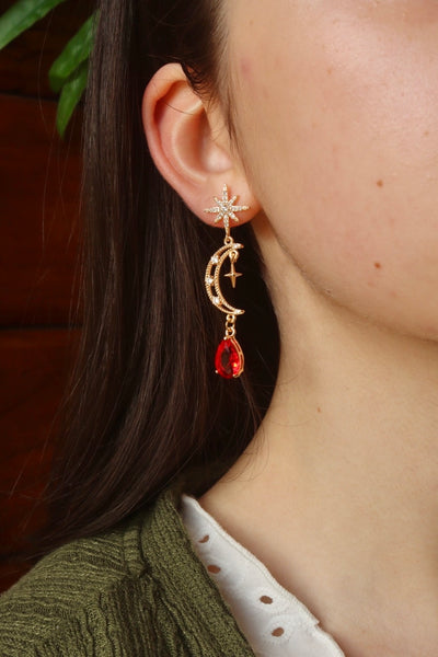 Moon and Star Red Drop Stud Earrings 24k gold plated