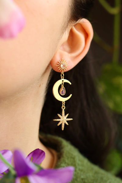 Moon stud star purple drop earrings