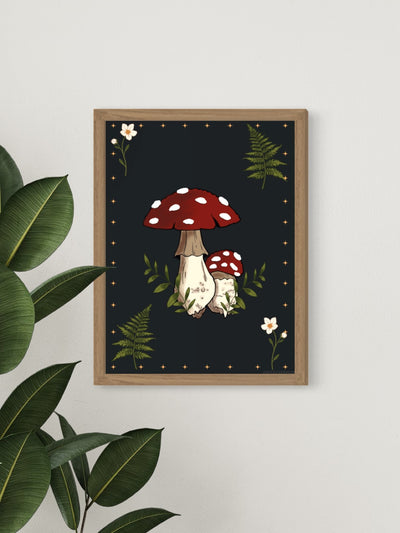 Toadstool mushroom ferns flowers - framed art print