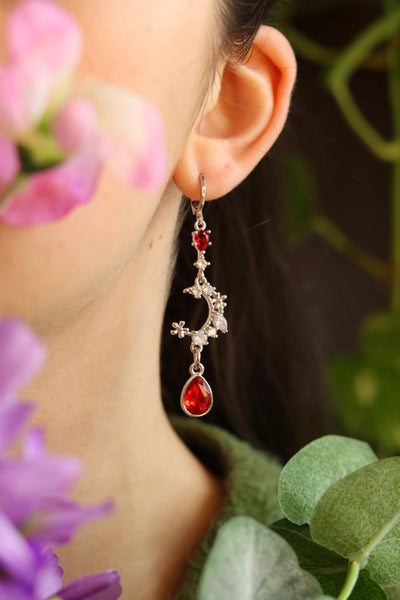 Silver red drop moon earrings