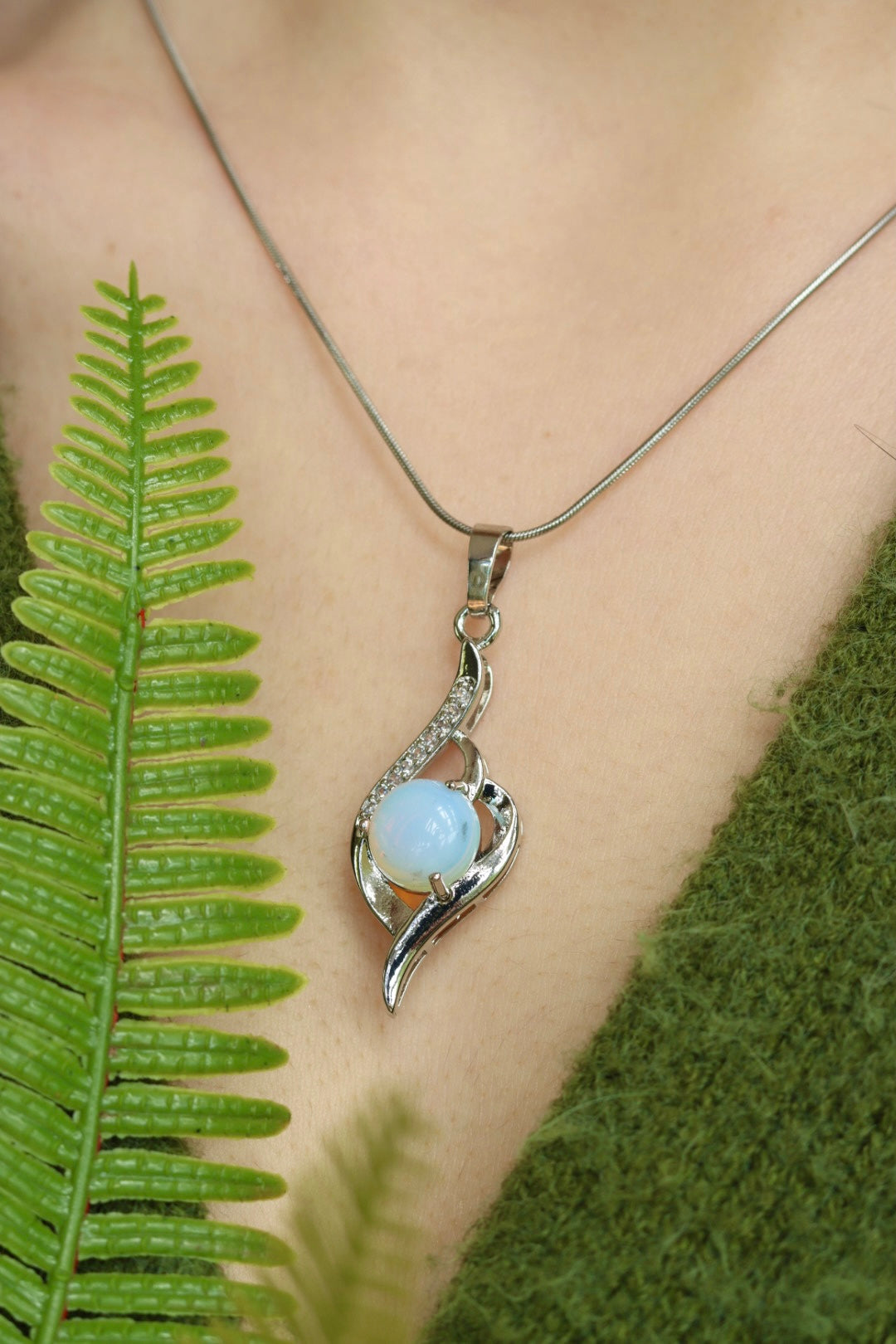 Silver opalite stone elfic necklace