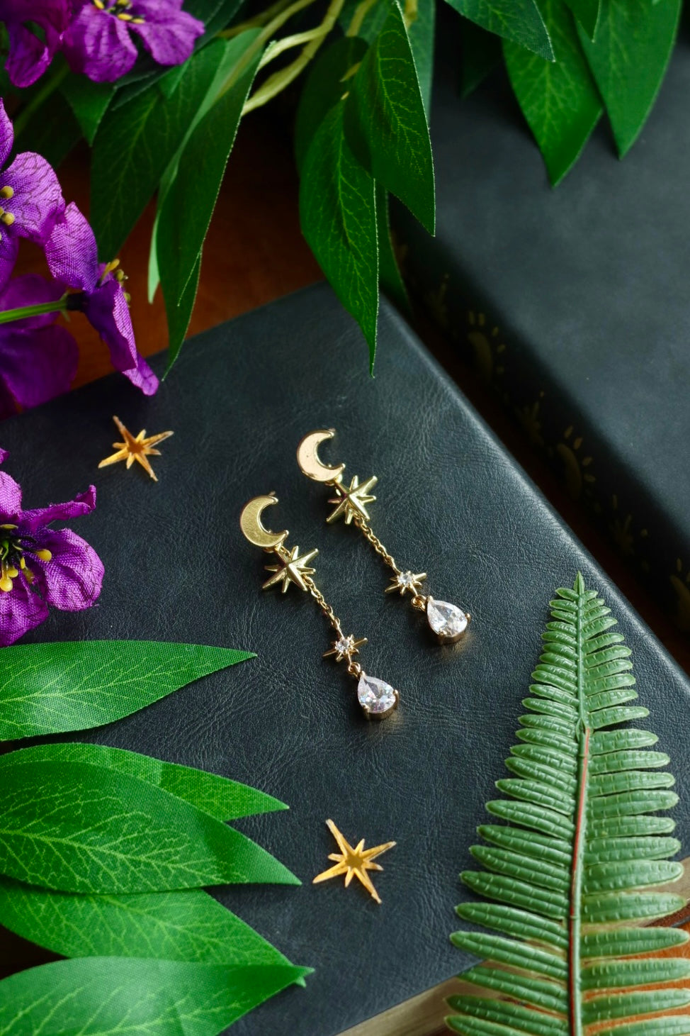 Celestial moon and stars drop earrings