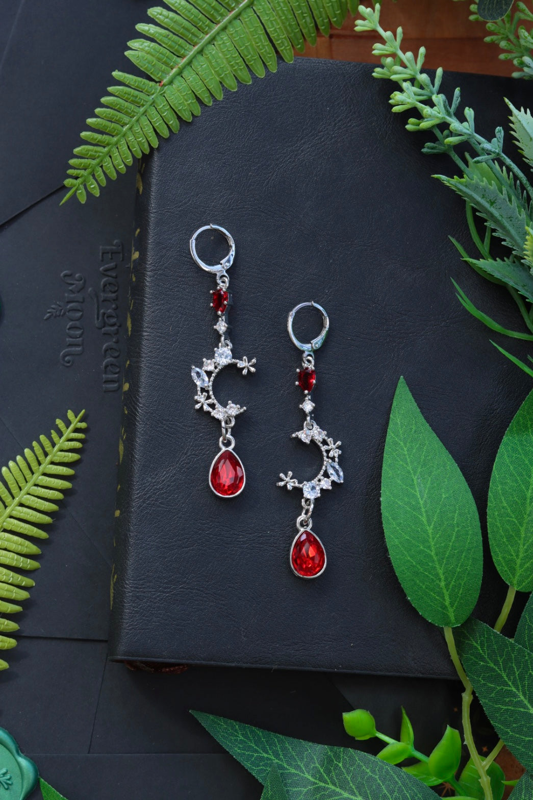 Silver red drop moon earrings