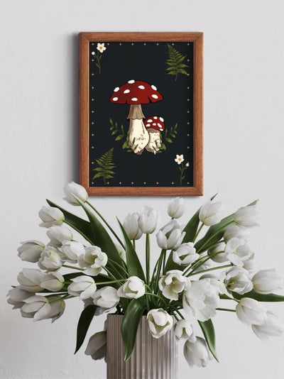 Toadstool mushroom ferns flowers - framed art print