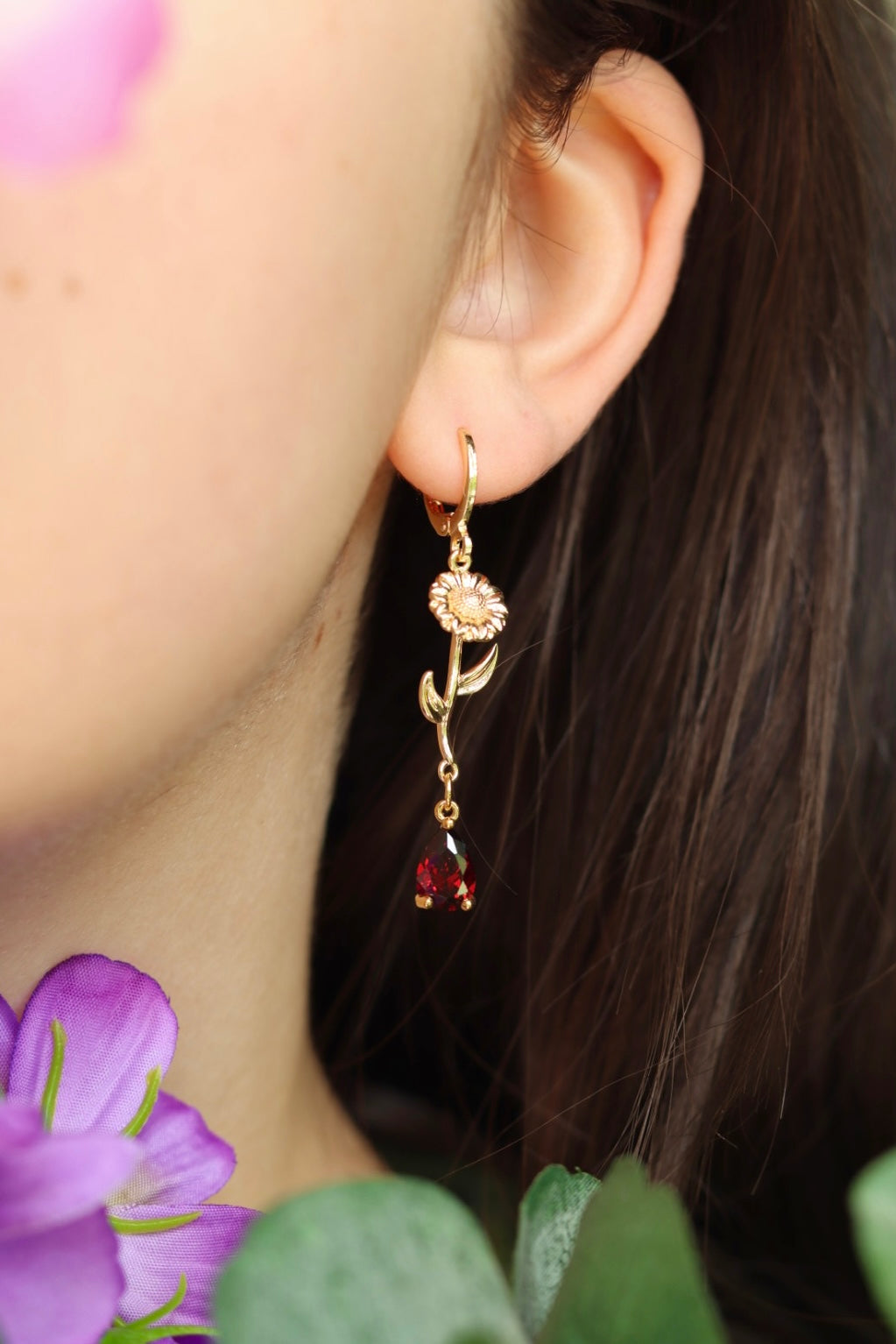 Sunflower red drop earrings