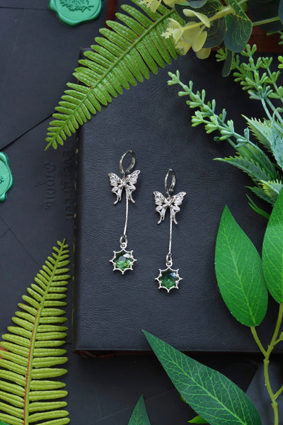 Silver butterfly green drop earrings