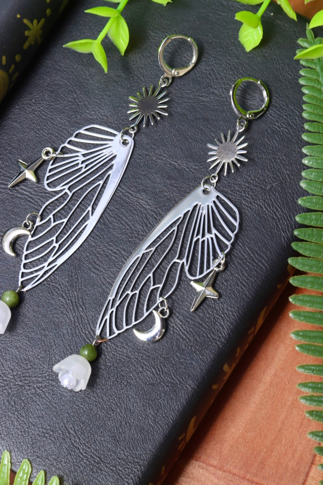 Fairy wing flower celestial charm earrings