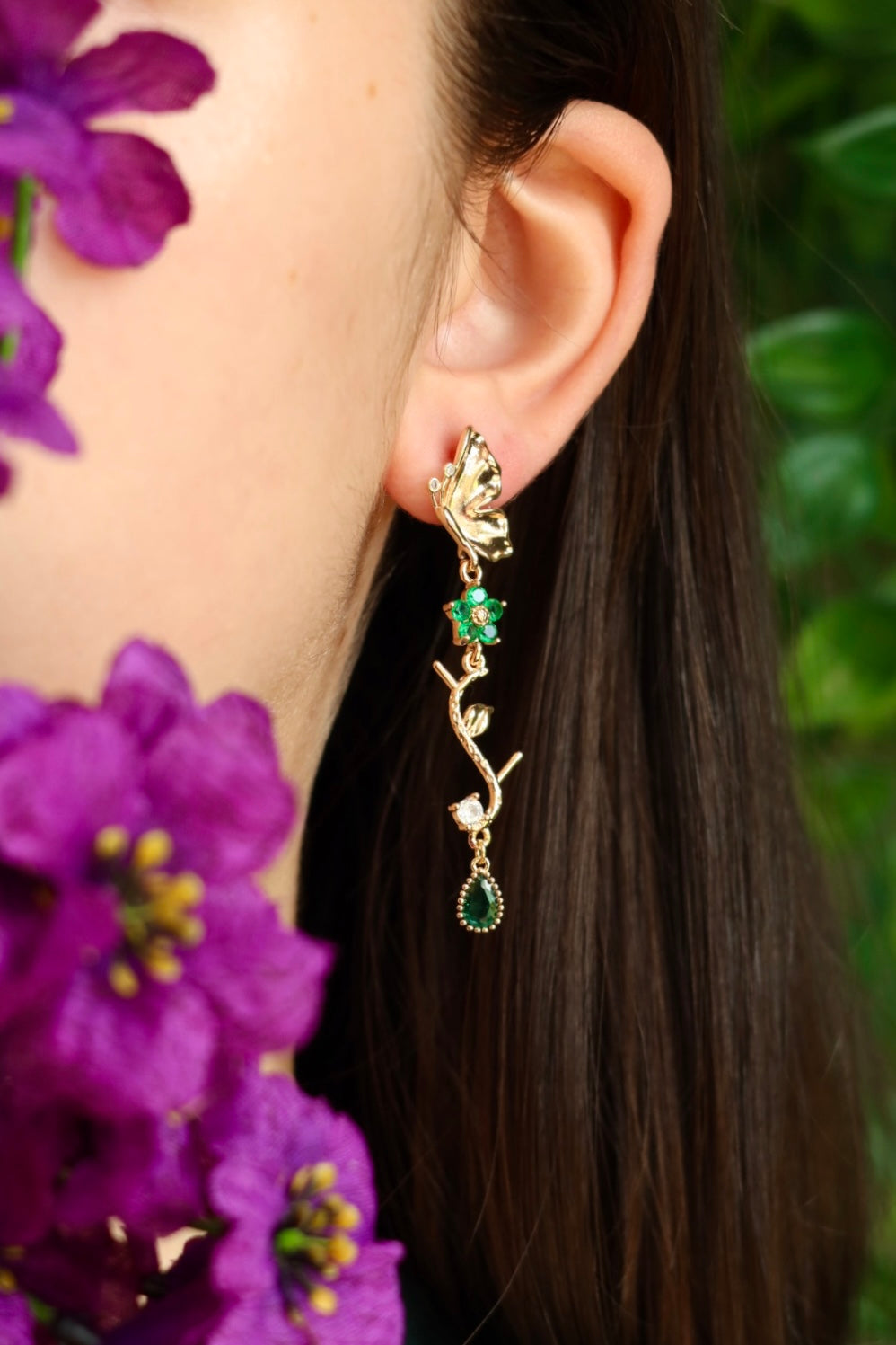 Butterfy flower branch earrings 24k gold plated