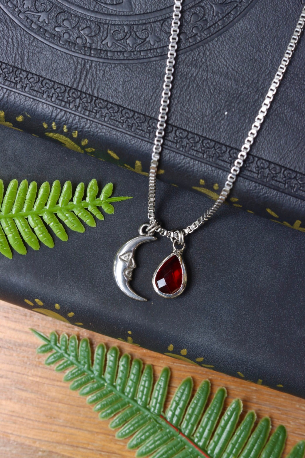 Moon red drop charm necklace