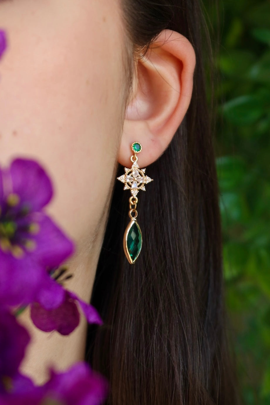 Emerald flower elf earrings