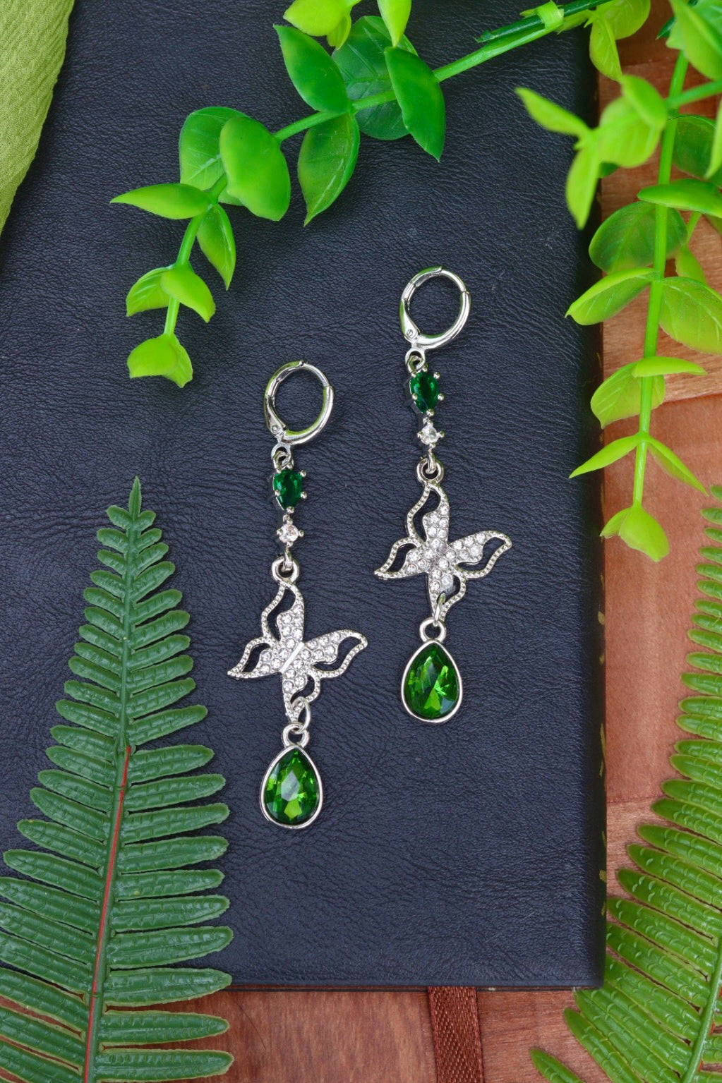 Butterfly green rhinestone earrings