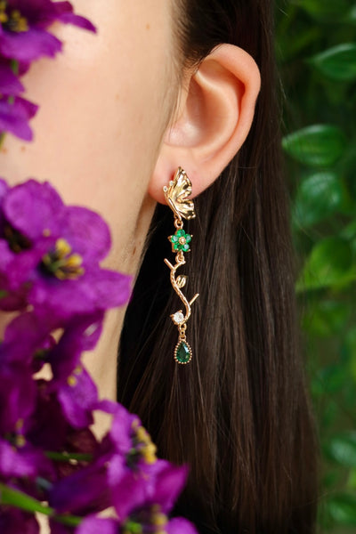 Butterfy flower branch earrings 24k gold plated