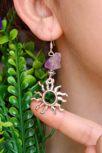 Amethyst silver sun earrings