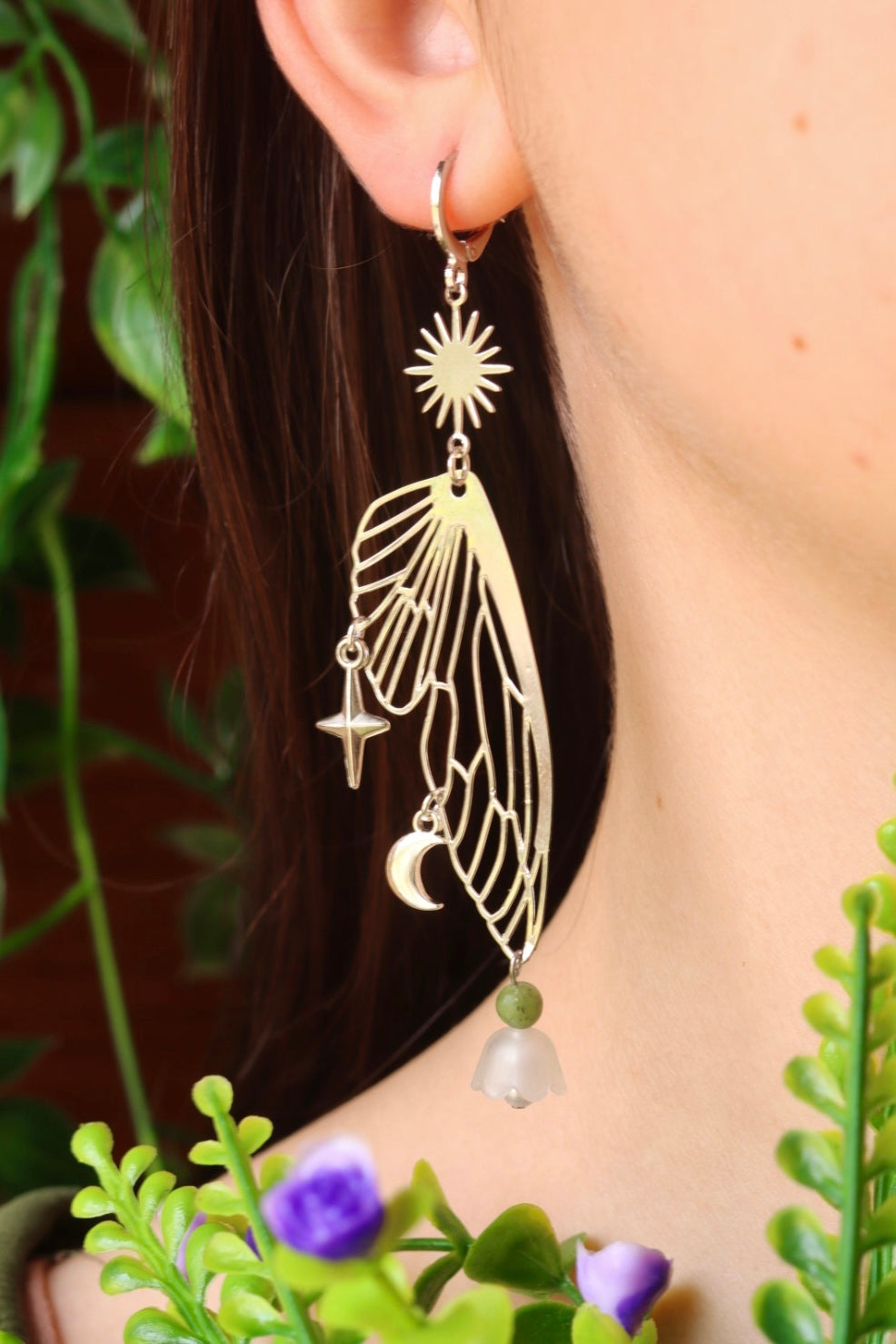 Fairy wing flower celestial charm earrings