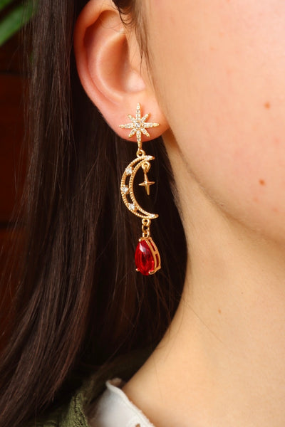 Moon and Star Red Drop Stud Earrings 24k gold plated