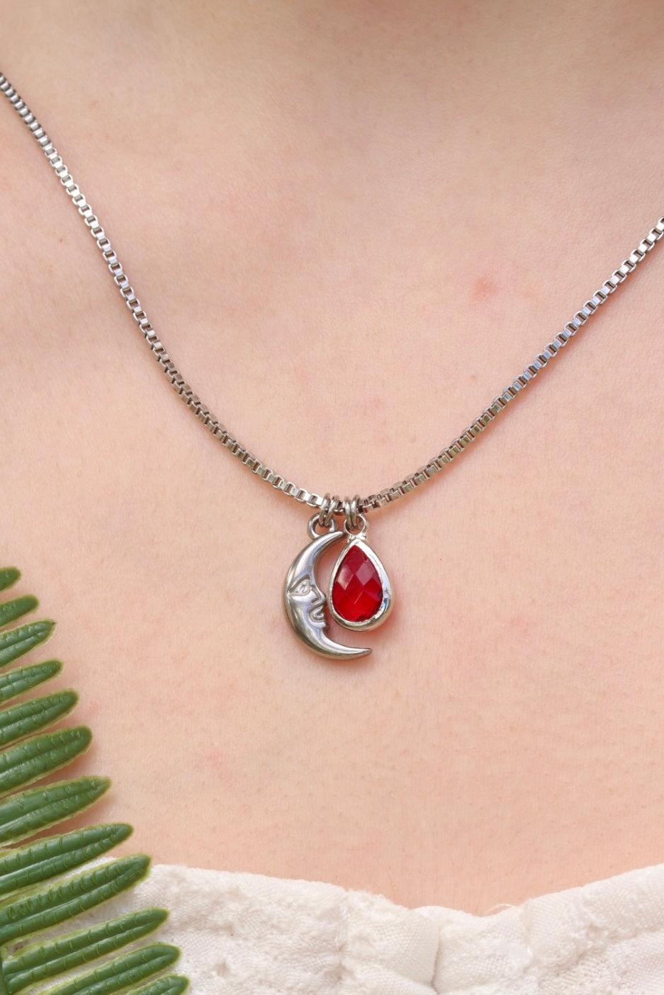 Moon red drop charm necklace