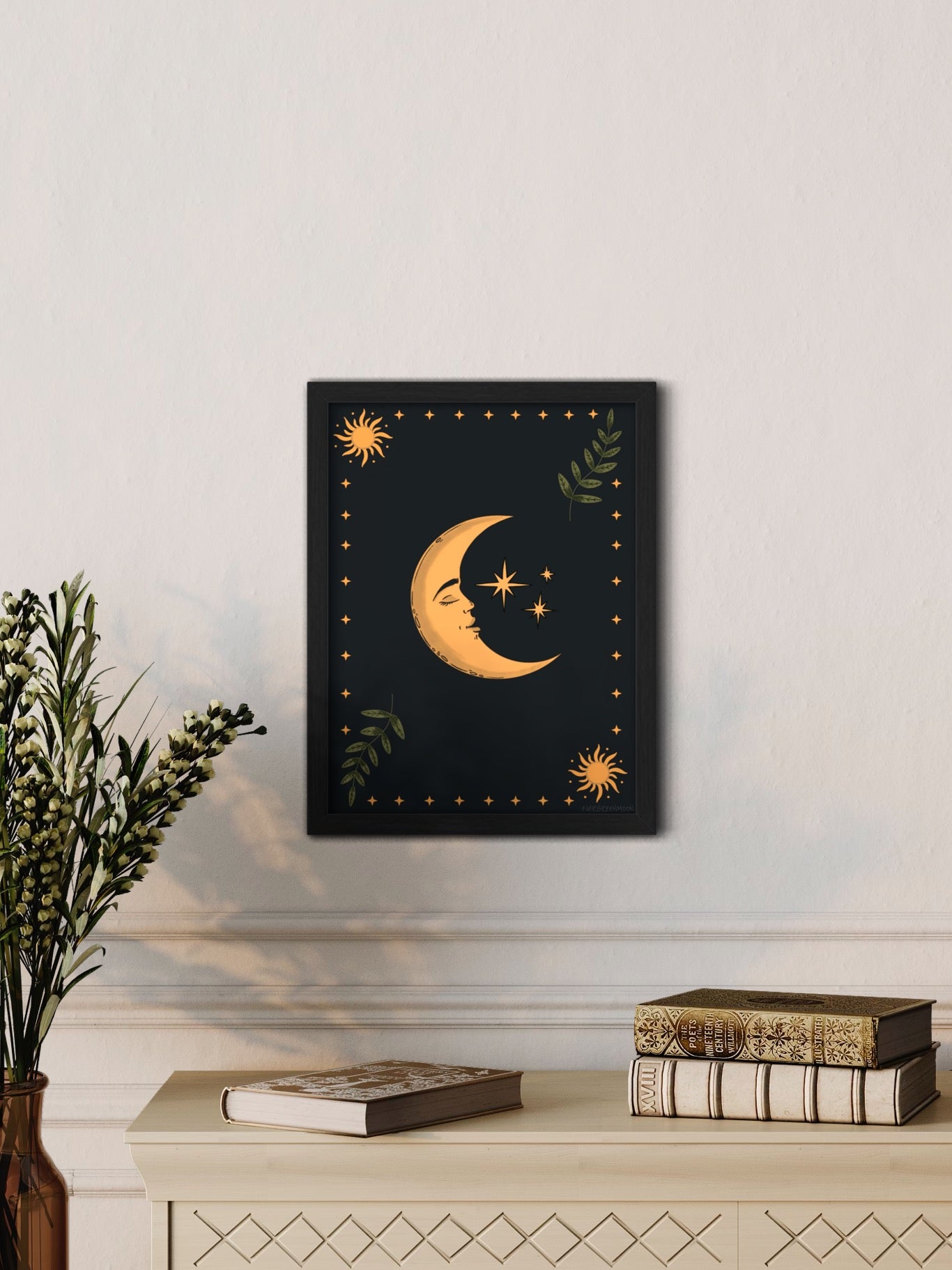 Celestial Moon and leaves - framed art print