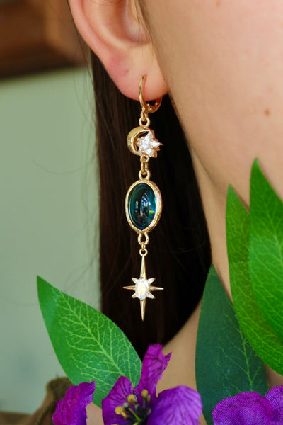 Midnight blue star moon earrings