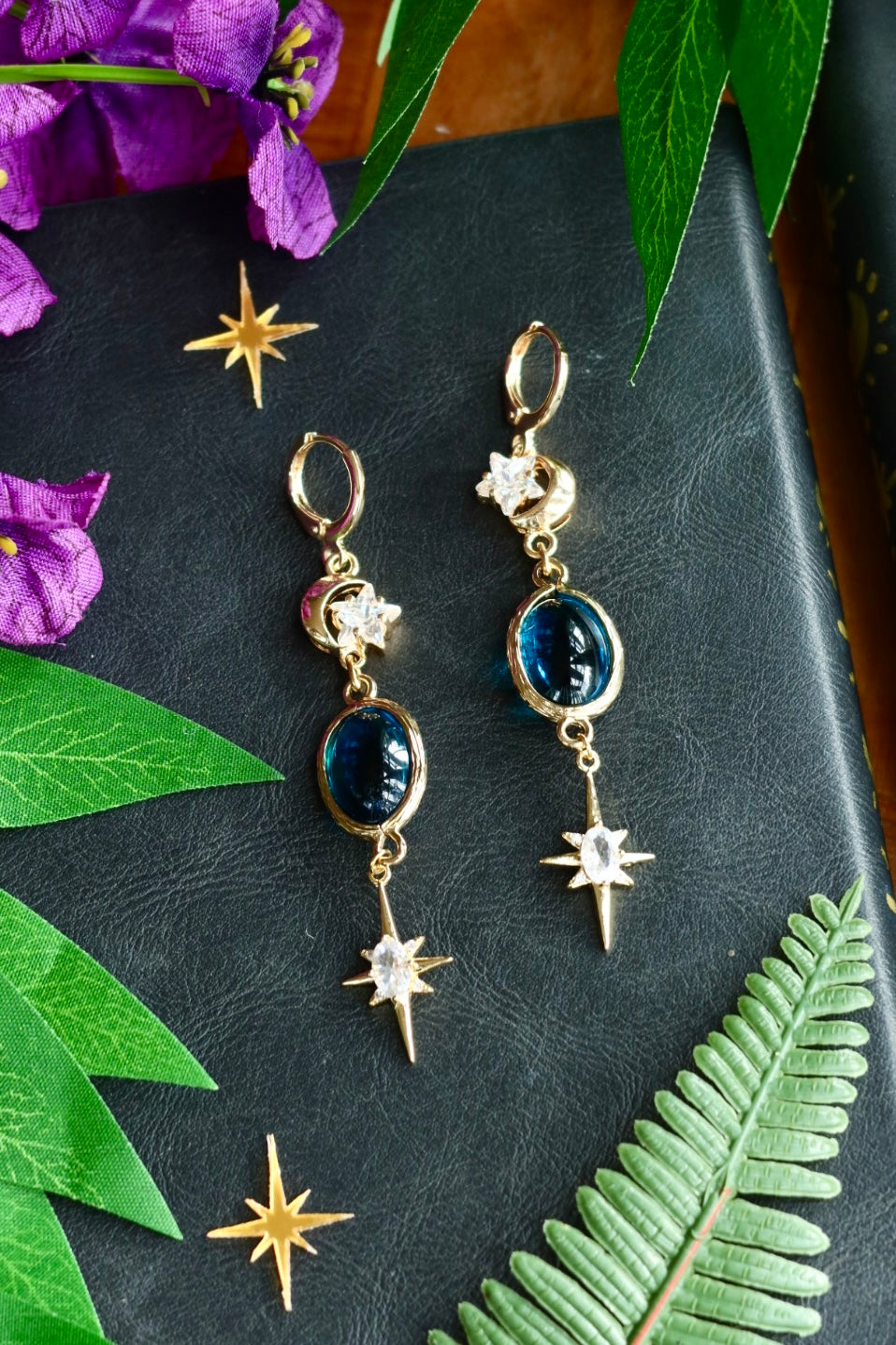 Midnight blue star moon earrings