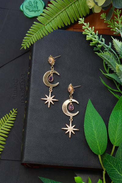 Moon stud star purple drop earrings