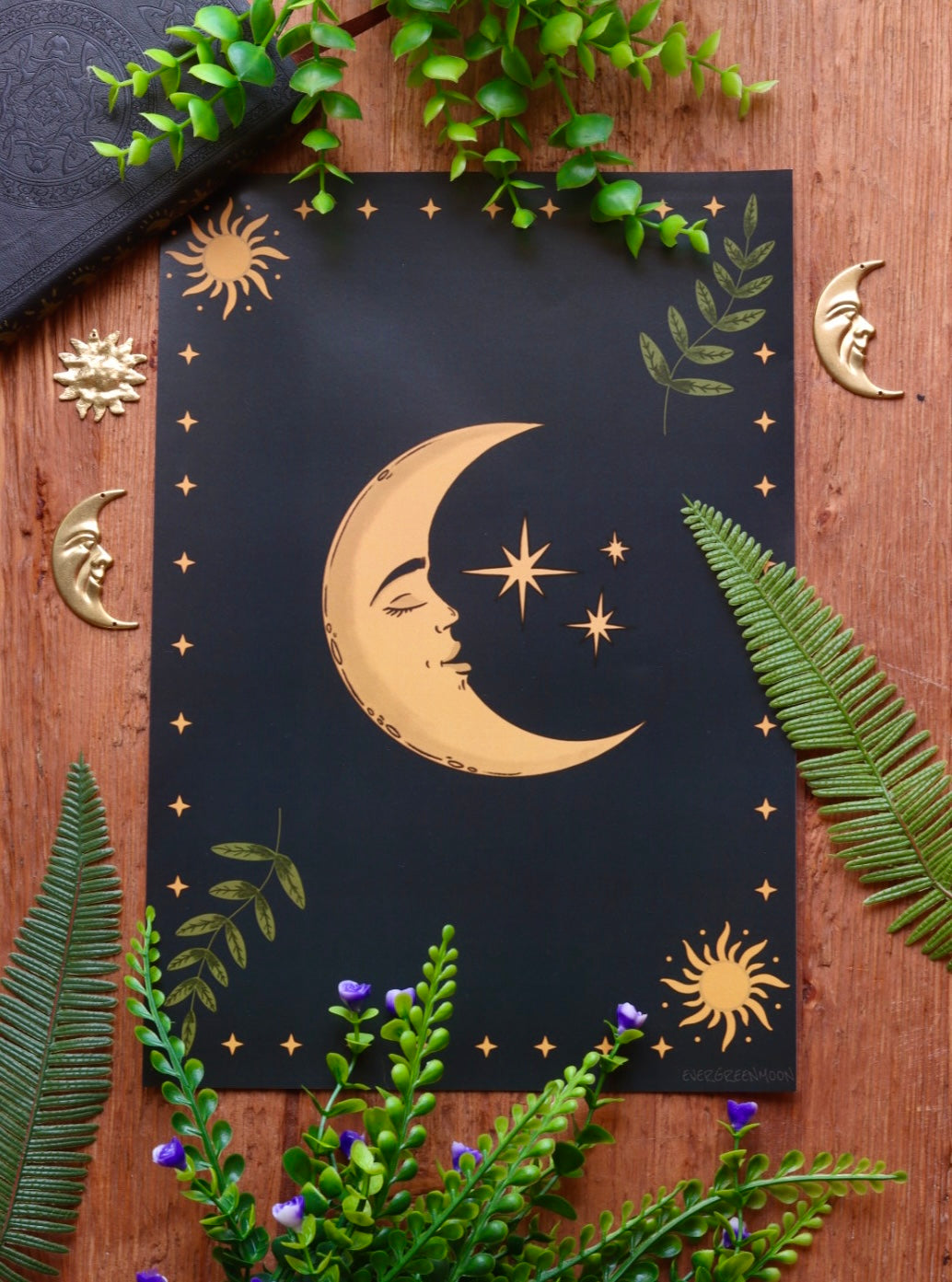 Celestial Moon and leaves - framed art print