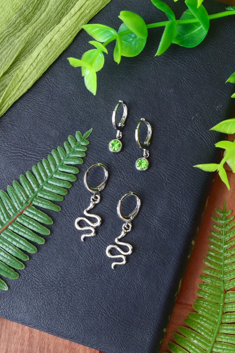 Silver medusa snake huggie earrings set