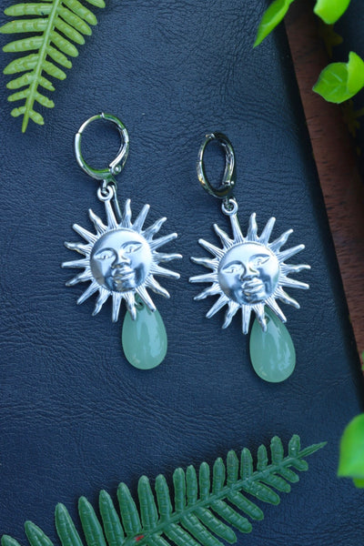 Silver sun green drop earrings