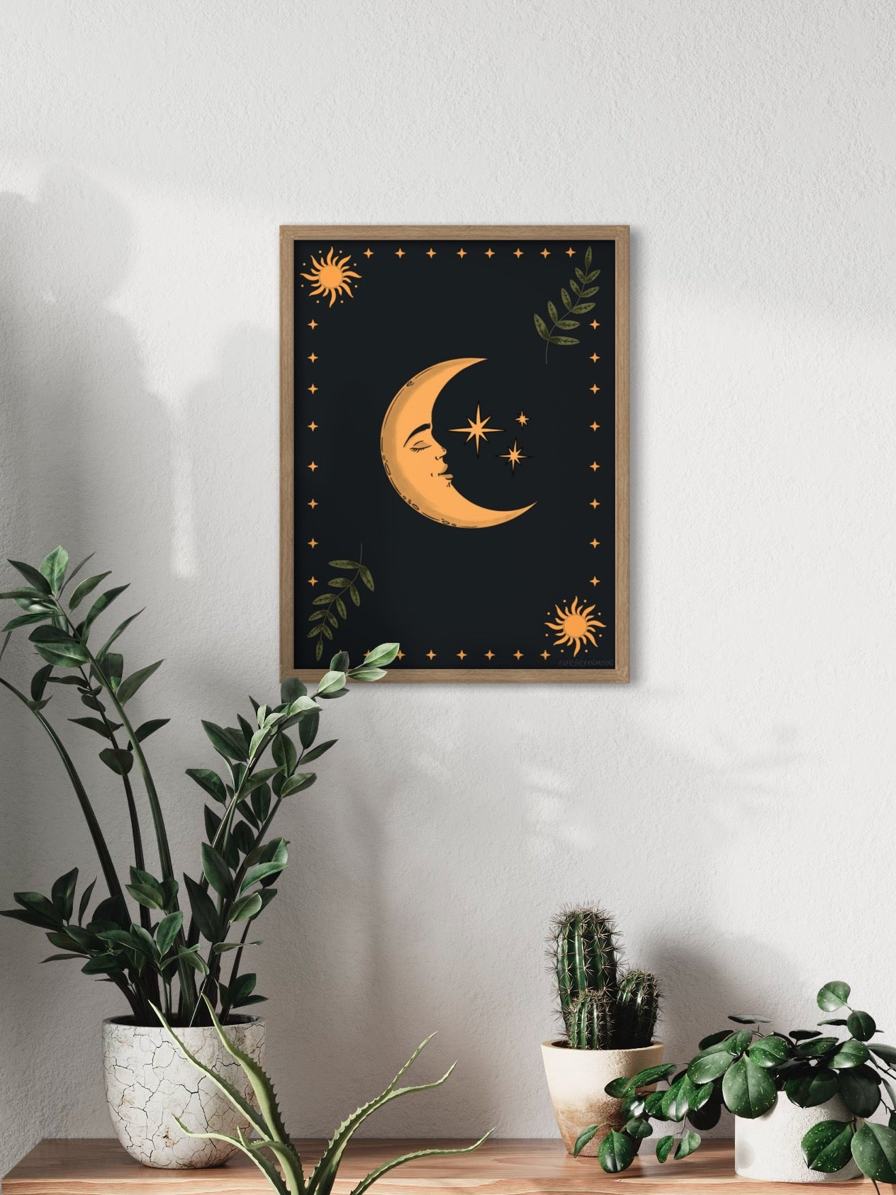 Celestial Moon and leaves - framed art print