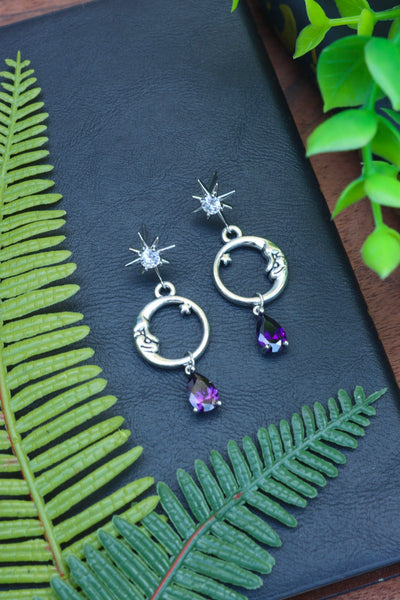 Moon purple drop stud earrings