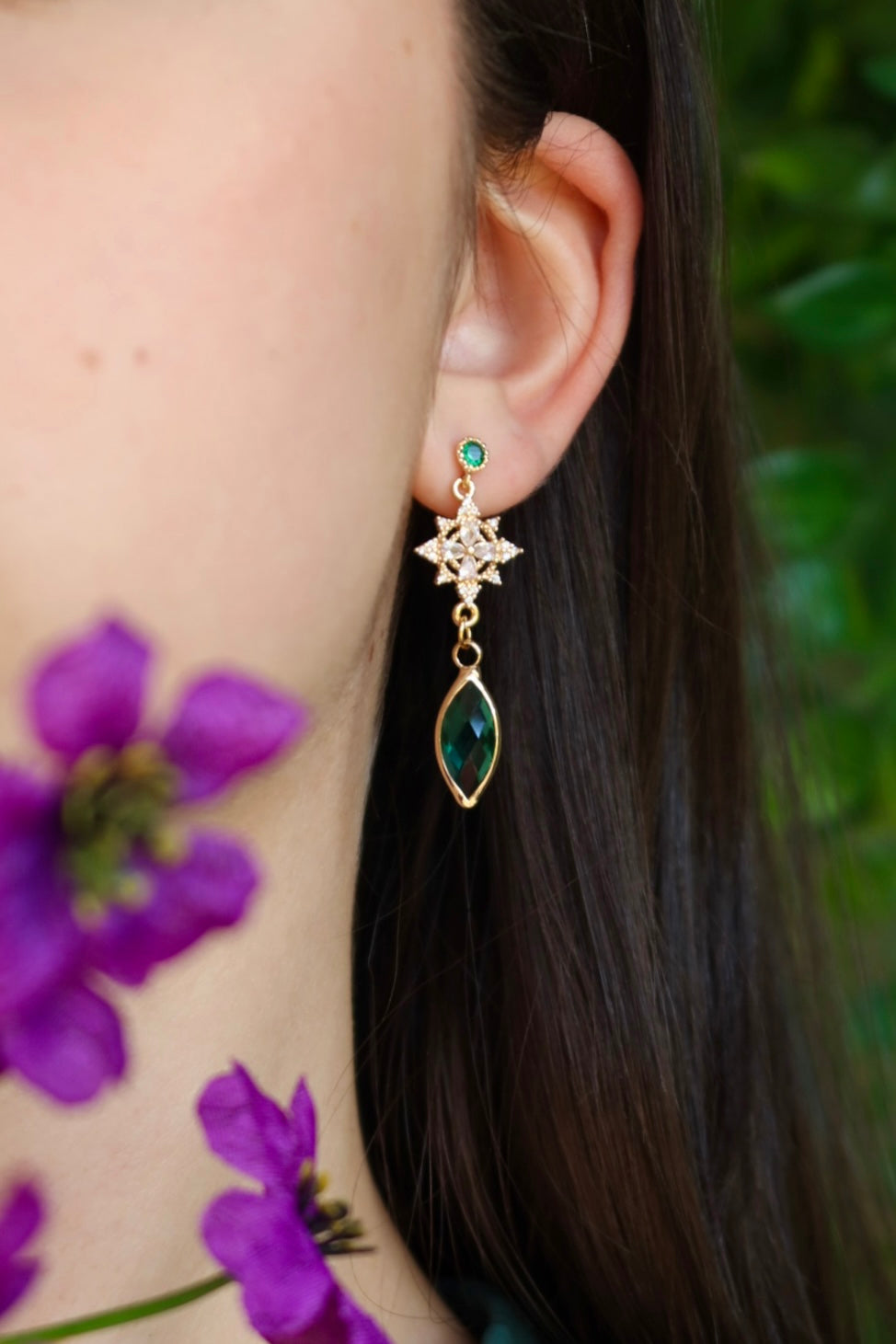 Emerald flower elf earrings