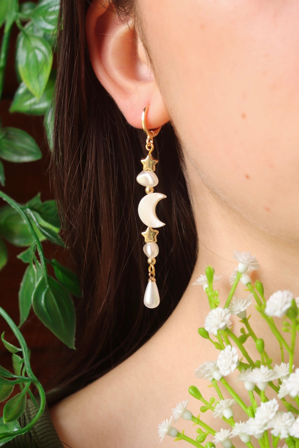 Celestial stars moon faux pearl earrings