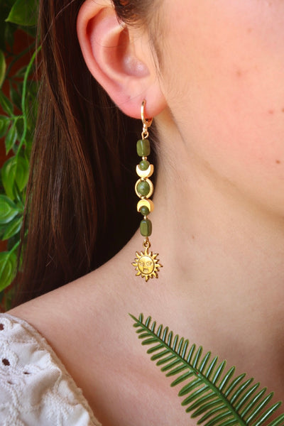 Gold sun and moon jade stone earrings