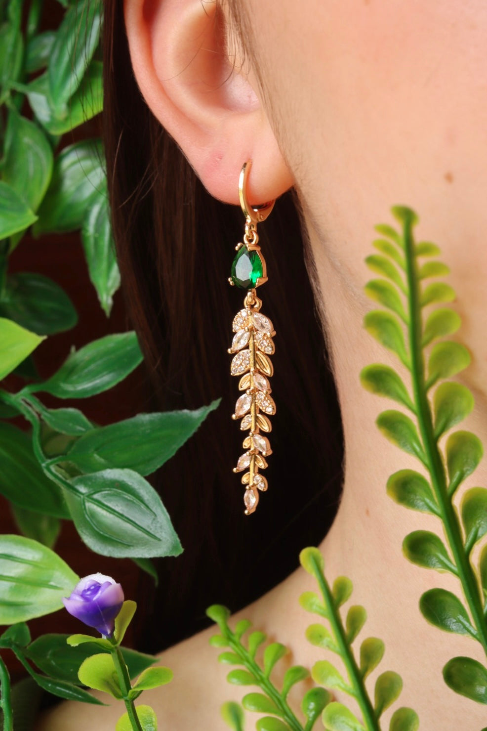 Green rhinestone leaf earrings