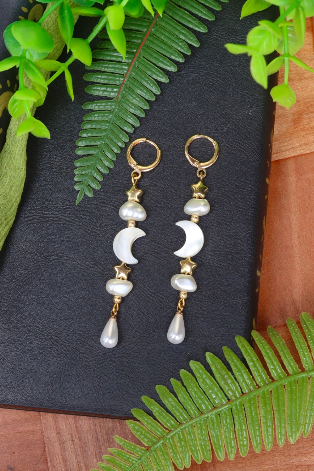 Celestial stars moon faux pearl earrings