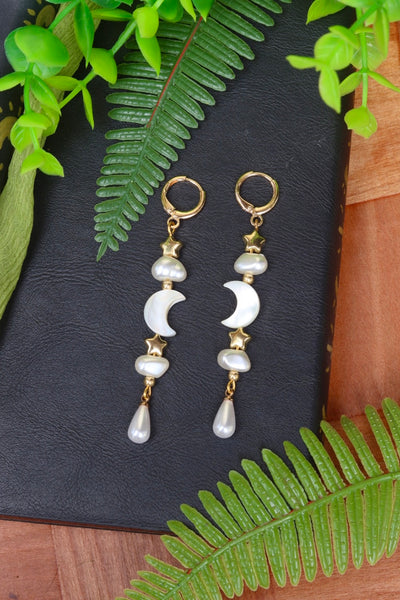 Celestial stars moon faux pearl earrings