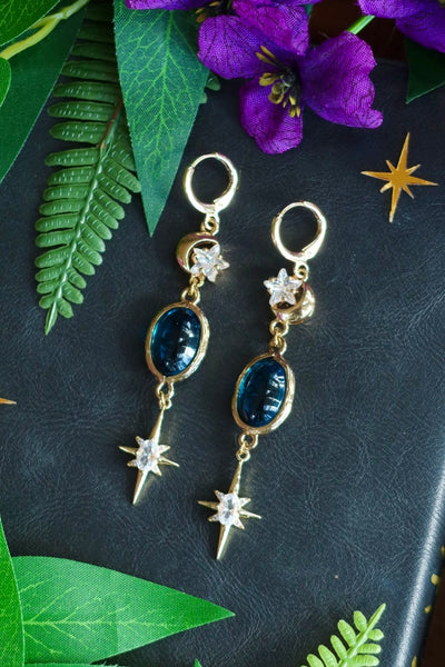 Midnight blue star moon earrings