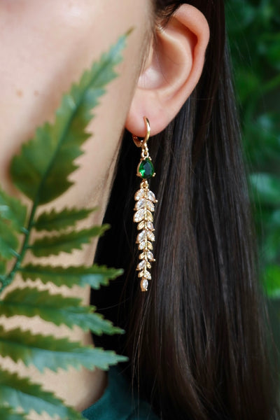 Green rhinestone leaf earrings