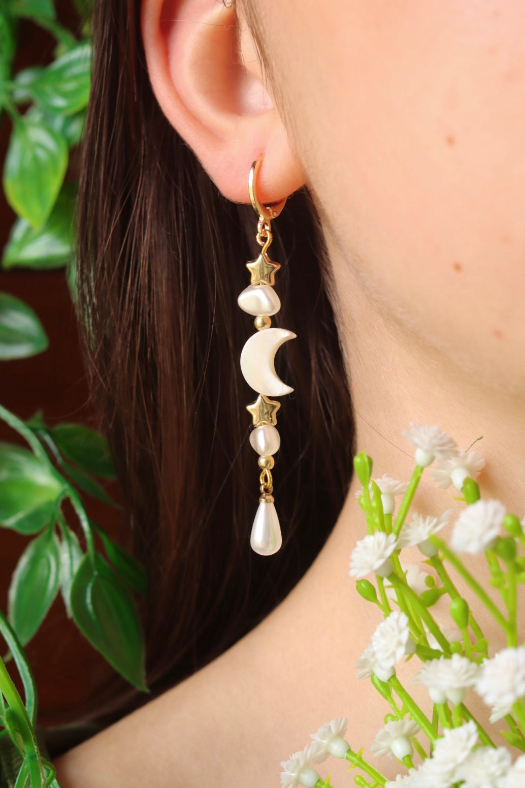 Celestial stars moon faux pearl earrings