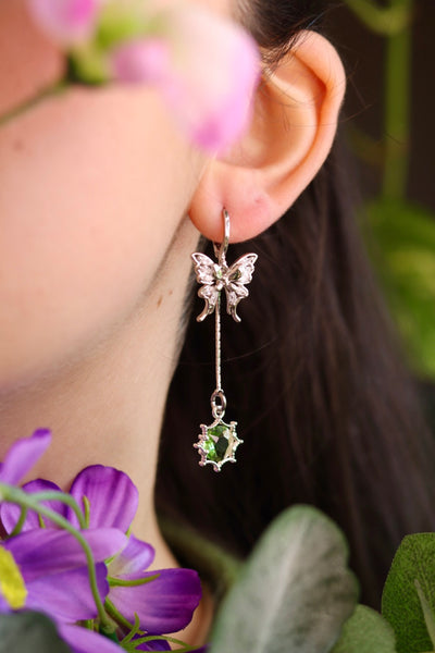 Silver butterfly green drop earrings