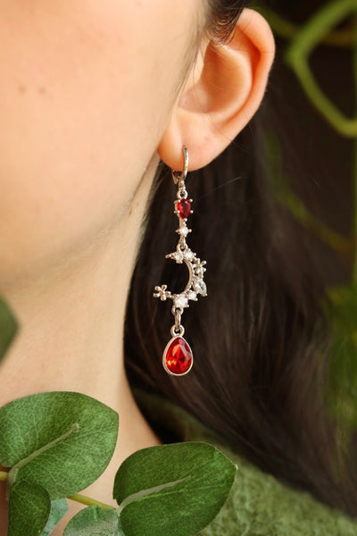 Silver red drop moon earrings