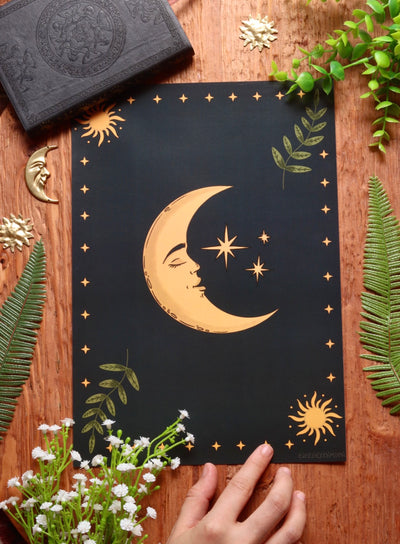 Celestial Moon and leaves - framed art print