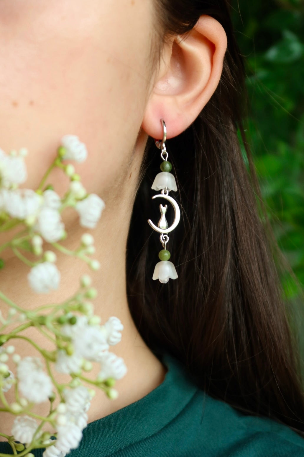 Flower cat moon leaf earrings