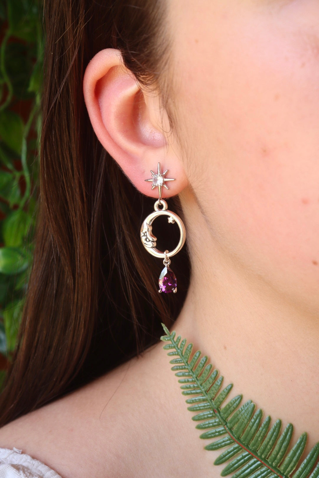 Moon purple drop stud earrings