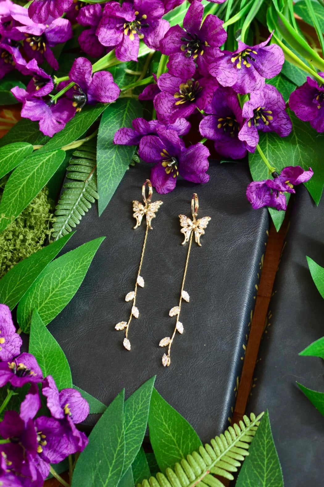 Butterfly vine leaf earrings 24k gold plated