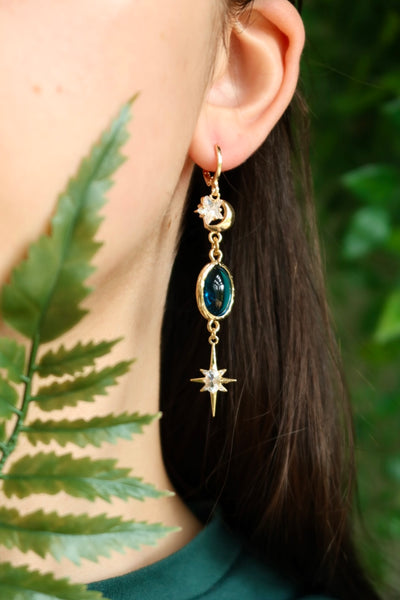 Midnight blue star moon earrings